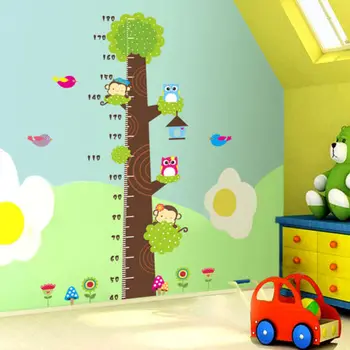 Animacinių Filmų Gyvūnų, Gėlių Spausdinti Dekoratyvinės Sienų Lipduko Pelėdos Beždžionė Medžio Aukštis Diagramos Vaikų Augimo Matavimo Vaikų Darželio Sienos Lipdukas