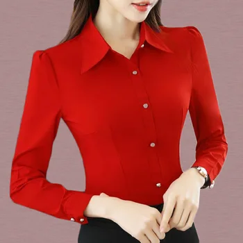 Mados korėjos Slim Raudona Office Marškinėliai Rudenį Moterys Atvartas ilgomis Rankovėmis Vieną Krūtinėmis Darbo Drabužiai Blusas Elegantiškas Ma ' am į Viršų 2XL