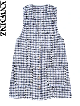 XNWMNZ 2022 Moterų Mados Pleistras Kišenės Tvido Mini Suknelė Vintage Rankovių Priekiniai Metalo Mygtuką Moterų Elegantiškos Suknelės