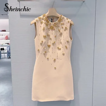 Korėjos Suknelės Moterims Dizaineris Kristalų Duobute O-kaklo, Rankovių-line Mini Suknelė 2022 Prabanga Vasaros Drabužių Vestido