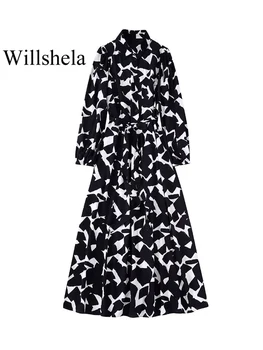 Willshela Moterų Mados Su Diržo Spausdinamas Vieną Krūtinėmis Midi Suknelė Vintage Atvartas Kaklo, Ilgomis Rankovėmis Moteriška Prašmatnus Mergina Suknelės