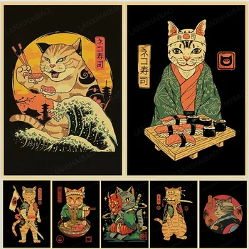 Japonų samurajus katė makaronų katė retro plakato kraft popieriaus spausdina sienos menas, lipdukas kambarį dekoruoti miegamojo tapyba